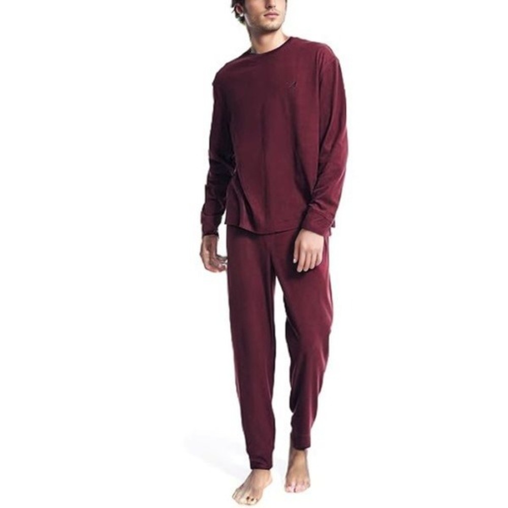 Nautica Pajama Set Mens Medium Burgundy Waffle Knit‎ Tee Loungewear Joggers Pjs